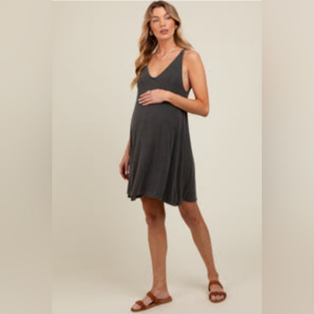 Charcoal Ribbed Sleeveless Front Seam Maternity Dress